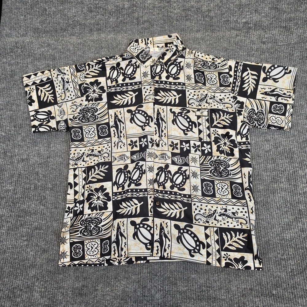 LA LEELA Men's XL Hawaiian Shirt Sea Turtle Tiki Lizard Tribal Block Print Black